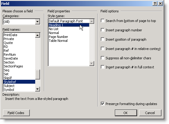 The Field dialog showing insertion of StyleRef field