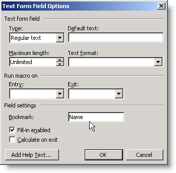 The Text Form Field Options dialog for a form field with the bookmark Name