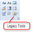 Location of Legacy Tools button in Controls group on Developer tab