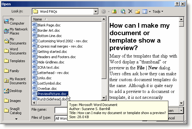 File Open dialog showing text document saved without a preview